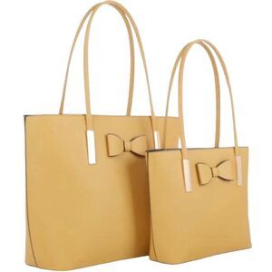 Structured Purse Camel Color Handbag with Bow Gold Accents Vegan Leather Tote